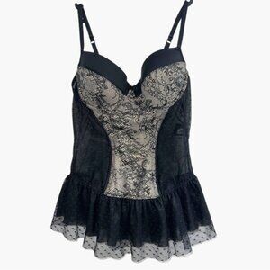 Hunkemoller Deisgner Black lace and mesh babydoll tulle Bustier Lingerie Medium